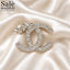 BROOCH CC CROWN CHAMPAGNE CRYSTAL PEARL SILVER