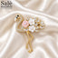 BROOCH FLAMINGO GOLD CERAMIC FLOWER PINK WHITE PEARL CRYSTAL