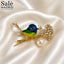 BROOCH GOLD COLOURFUL BIRD ON BRANCH CRYSTAL ENAMEL