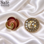 SET BROOCH CUFFLINKS 2PCS GOLD SPIRAL ROSE + CRYSTAL HALO BUTTON