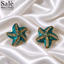 SET BROOCH CUFFLINKS STARFISH TURQUOISE BLUE ENAMEL CLEAR CRYSTAL
