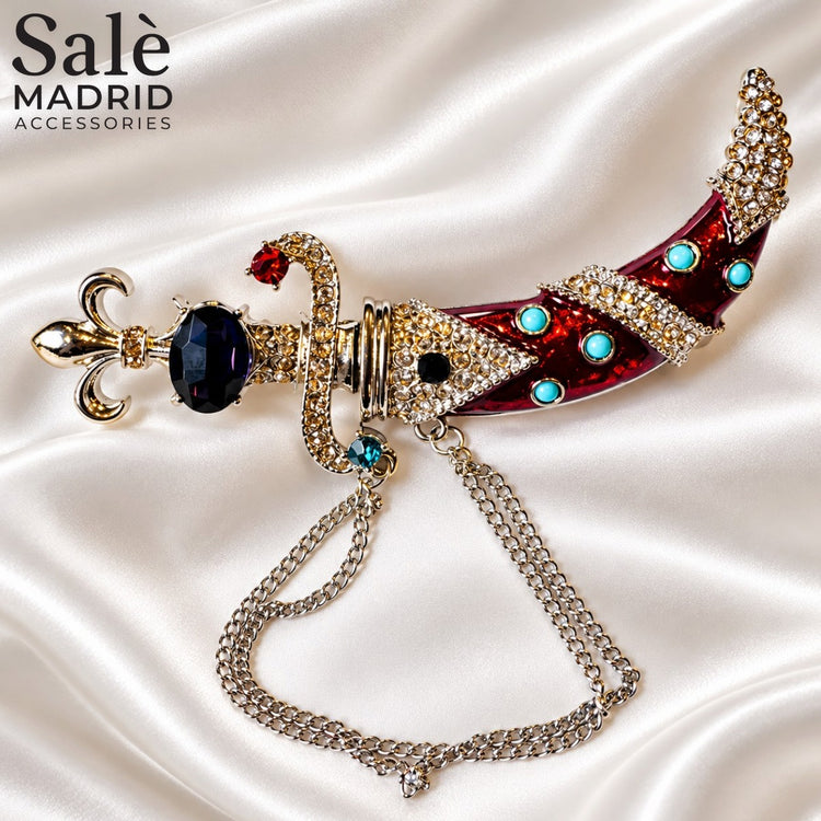 BROOCH KHANJAR DAGGER RED ENAMEL TURQUOISE BLUE CRYSTAL SILVER