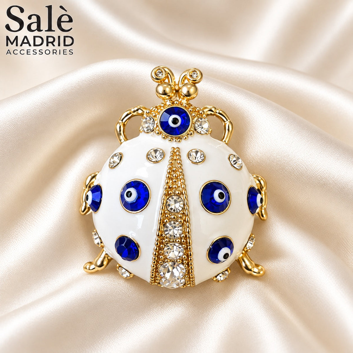 BROOCH LADYBUG WHITE ENAMEL BLUE EVIL EYE CRYSTAL GOLD الصورة الرئيسية