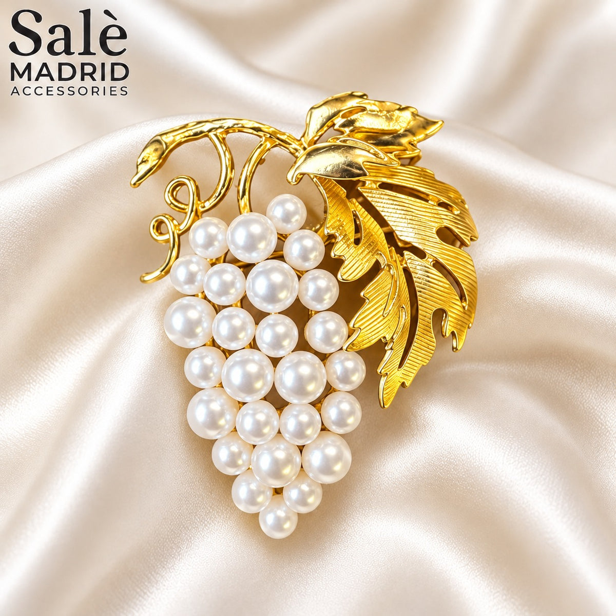 BROOCH GRAPE BUNCH WHITE PEARL GOLD LEAF