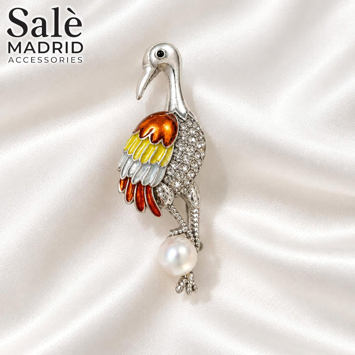 BROOCH CRANE BIRD COLORFUL ENAMEL CHAMPAGNE CRYSTAL PEARL TAIL SILVER