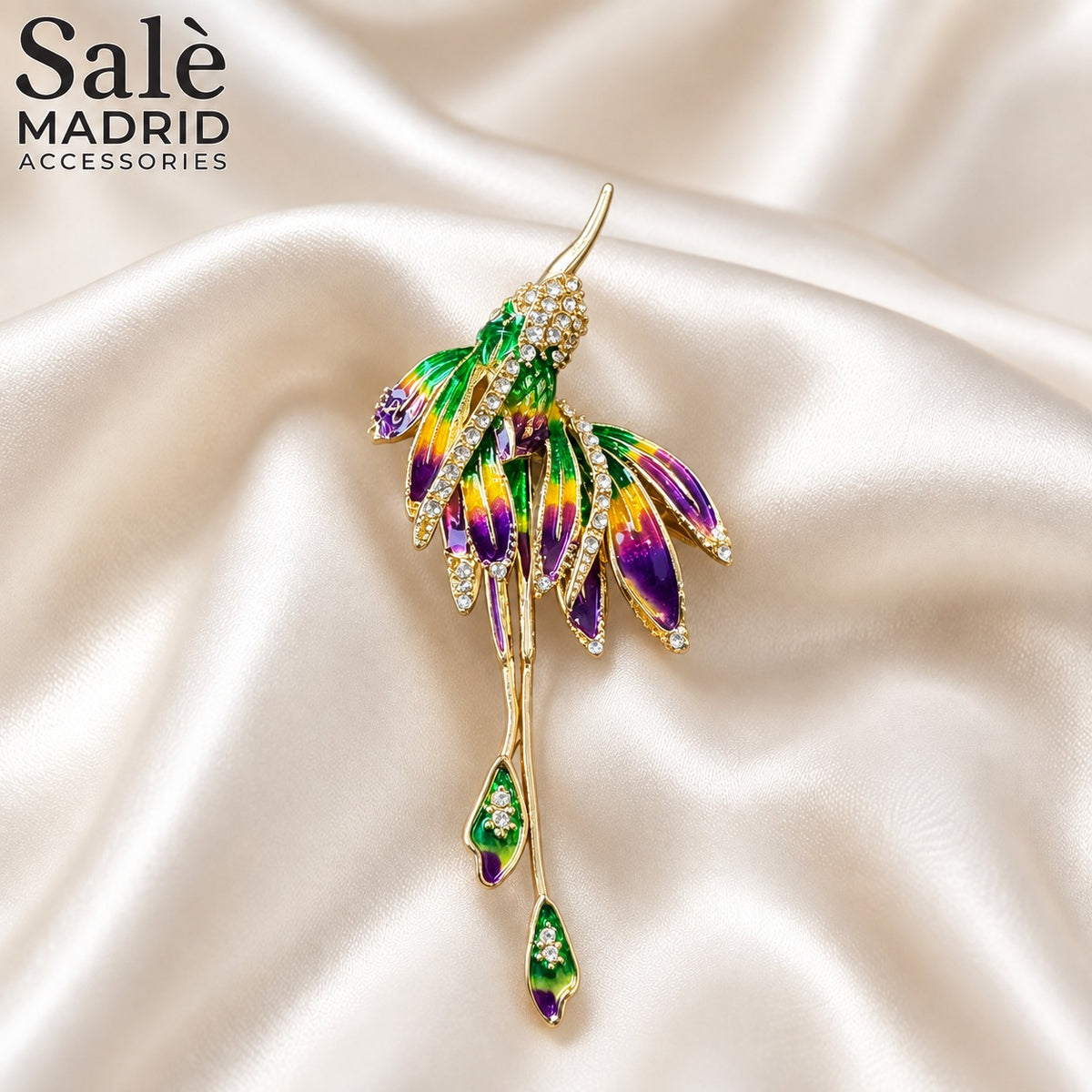 BROOCH HUMMINGBIRD GREEN PURPLE YELLOW ENAMEL CRYSTAL PEARL LONG TAIL GOLD الصورة الرئيسية