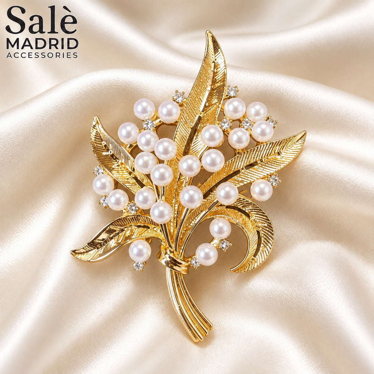 BROOCH PEARL BOUQET GOLD LEAF LILY OF THE VALLEY WHITE PEARL الصورة الرئيسية