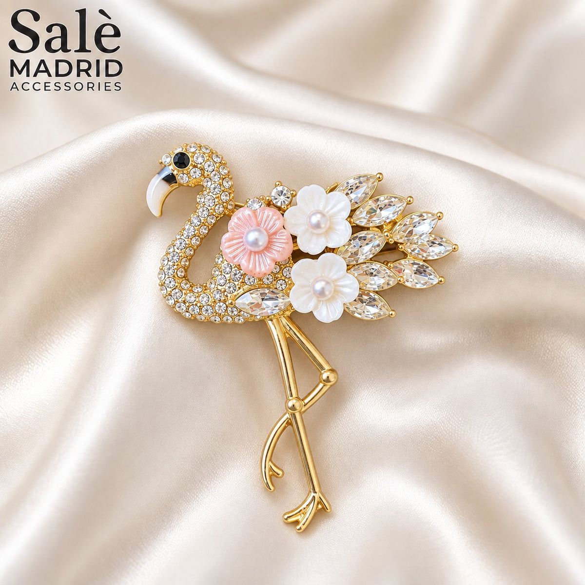 BROOCH FLAMINGO GOLD CERAMIC FLOWER PINK WHITE PEARL CRYSTAL