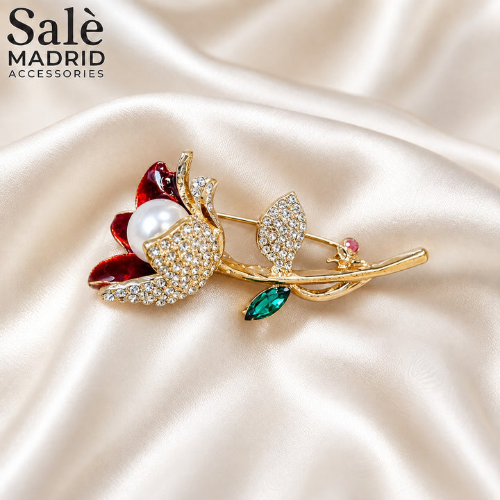 BROOCH TULIP PEARL GOLD RED ENAMEL CRYSTAL GREEN LEAF