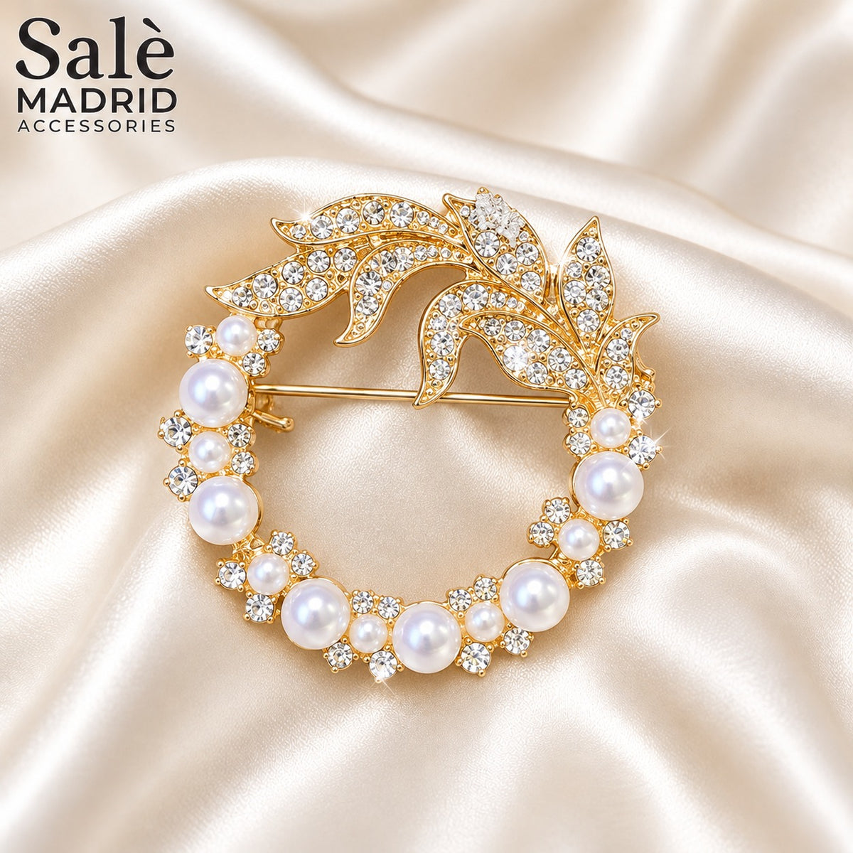 BROOCH WREATH GOLD PEARL CRYSTAL LEAVES CIRCLES Main image