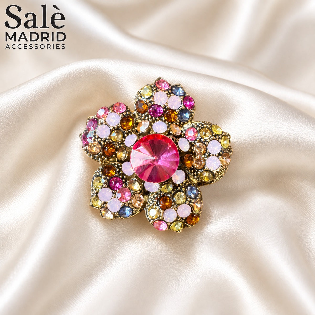 BROOCH FLOWER 5 PETAL MULTICOLOR PINK CRYSTAL VINTAGE GOLD Main image