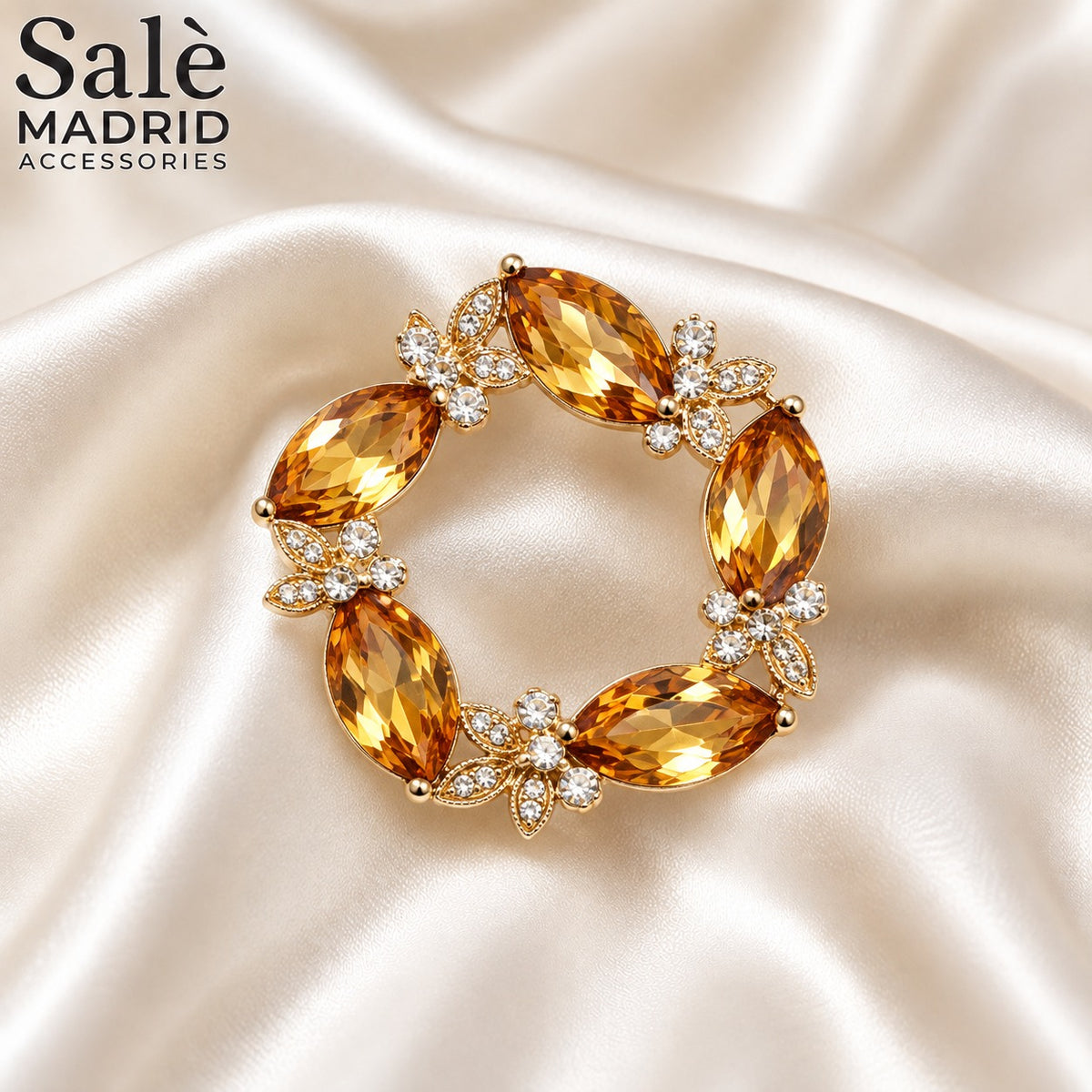 BROOCH WREATH CIRCLE GOLD CHAMPAGNE MARQUISE CRYSTAL FLOWER
