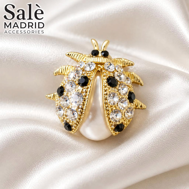 BROOCH BEETLE GOLD PEARL CLEAR CRYSTAL BLACK SPOT LADYBUG