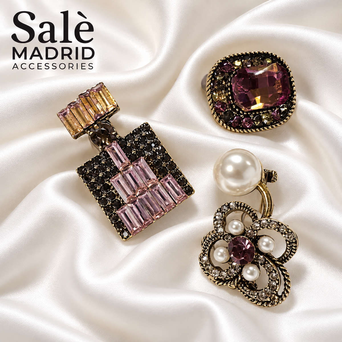 SET BROOCH 3PCS FASHION PERFUME BOTTLE PEARL CLOVER + OVAL PINK BUTTON