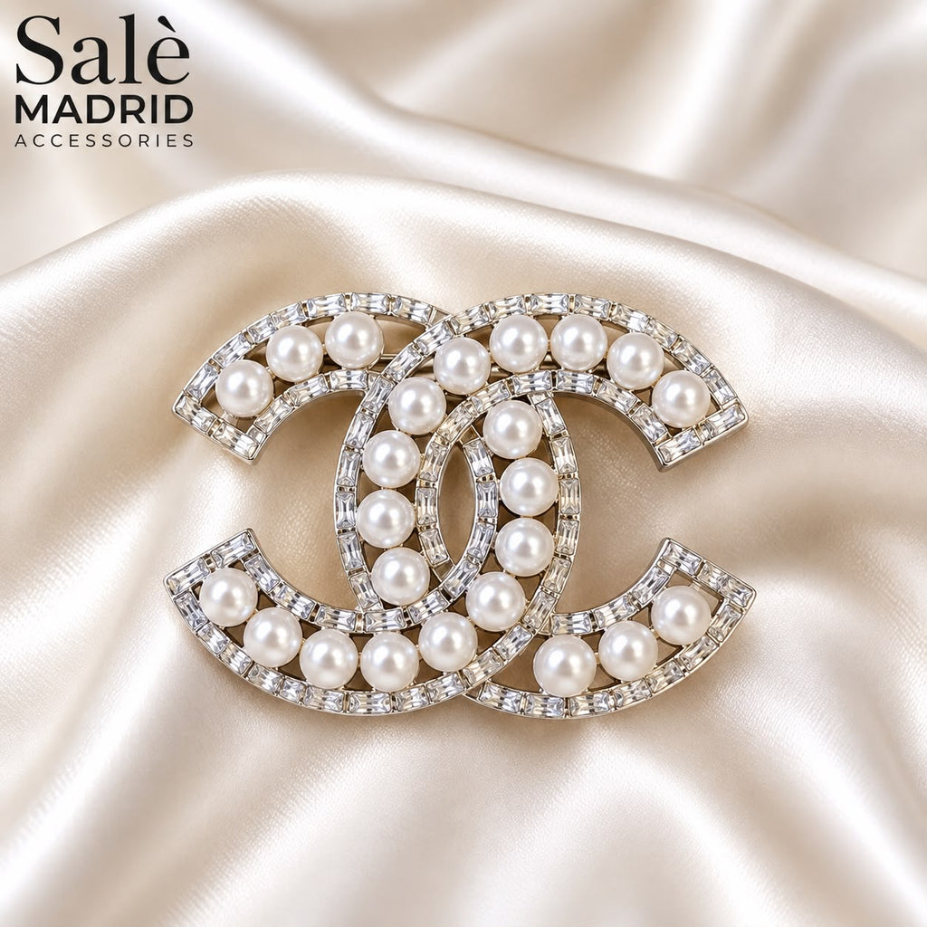 Double-C Pearl Crystal Brooch