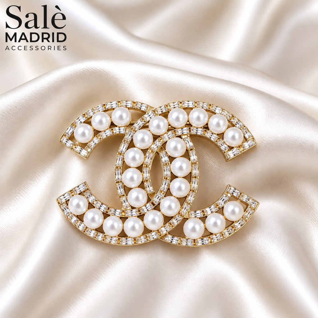 Double-C Pearl Crystal Brooch