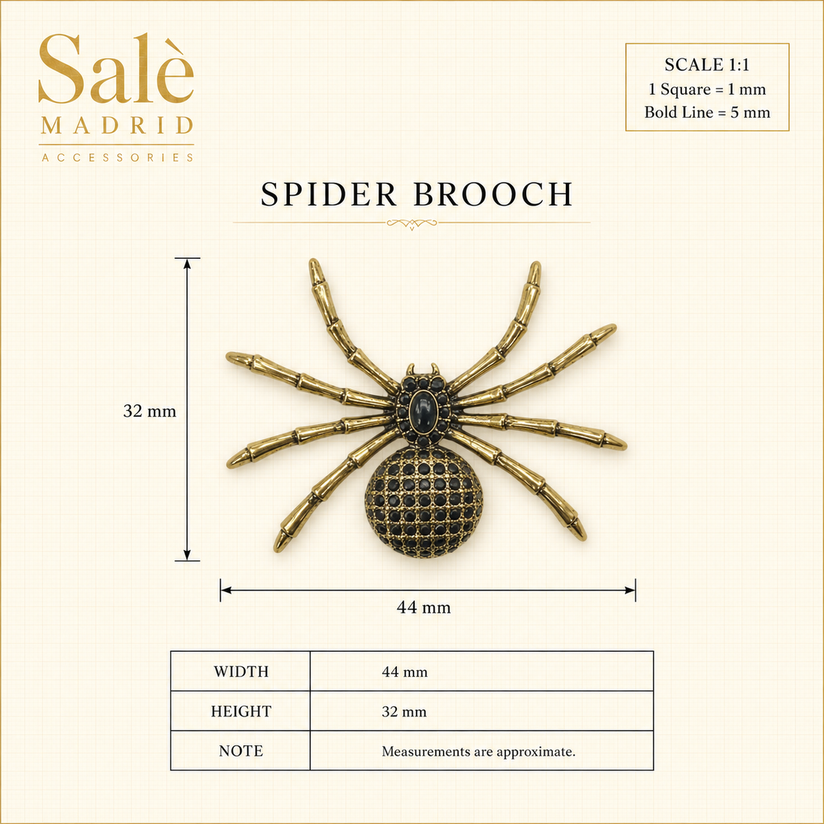 Gold-Tone Black Crystal Spider Brooch