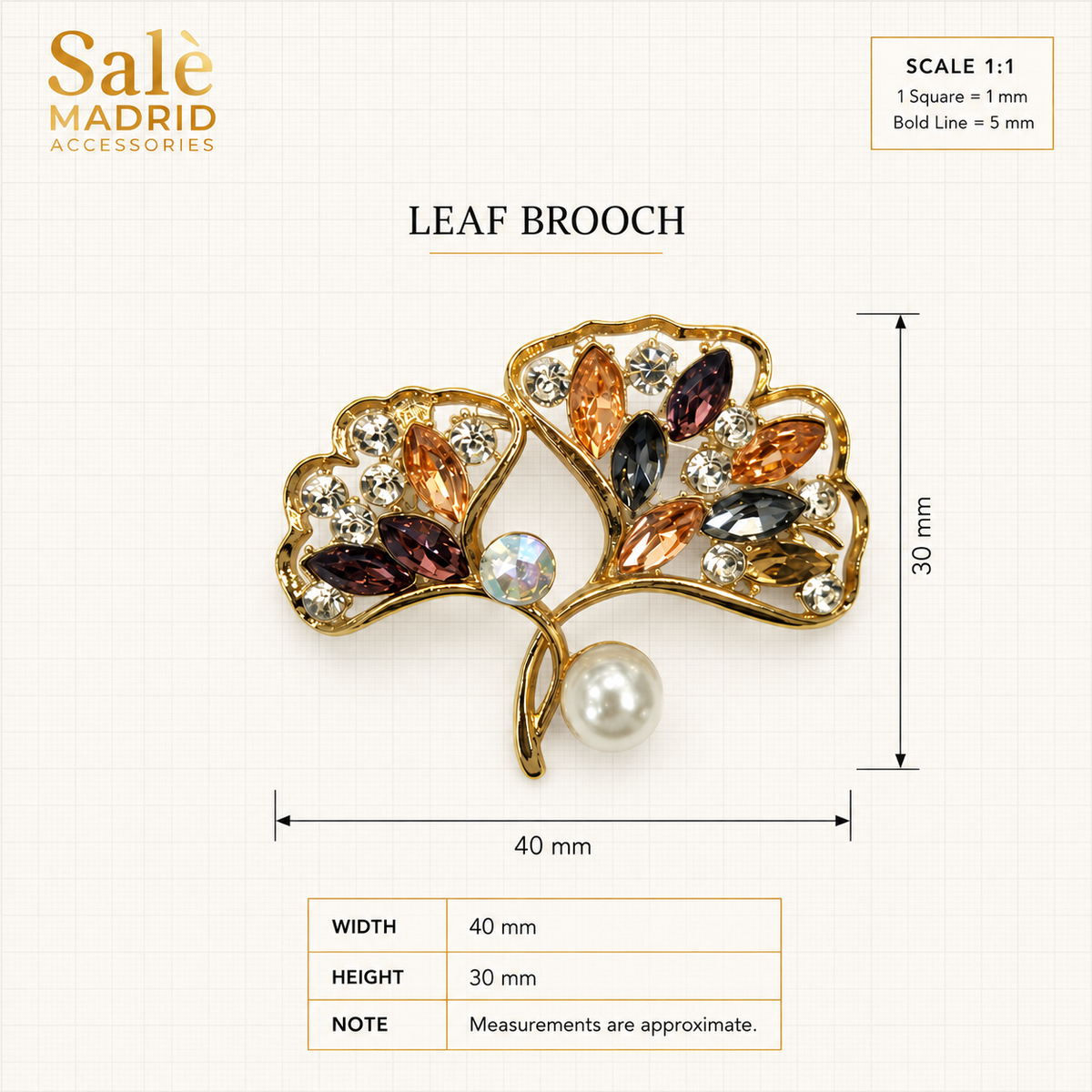 Gold-Tone Ginkgo Crystal & Pearl Brooch