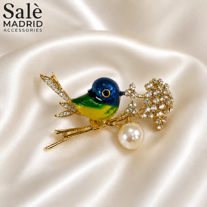 BROOCH GOLD COLOURFUL BIRD ON BRANCH CRYSTAL ENAMEL