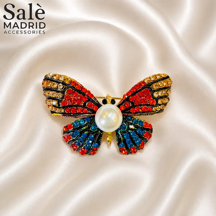 BROOCH BUTTERFLY COLORFUL CRYSTAL PEARL CENTER RED BLUE