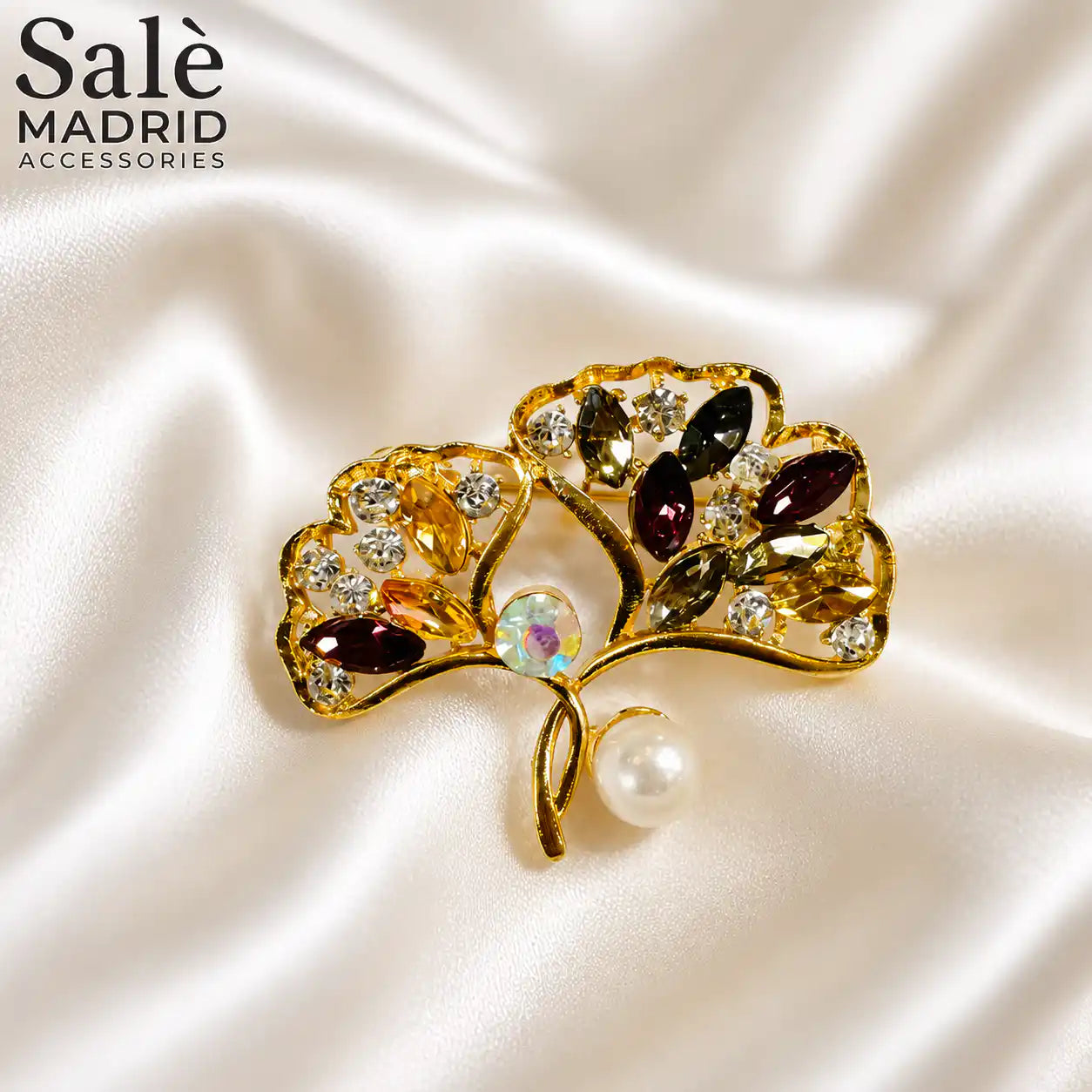 BROOCH GINKGO DOUBLE LEAF GOLD CRYSTAL PEARL