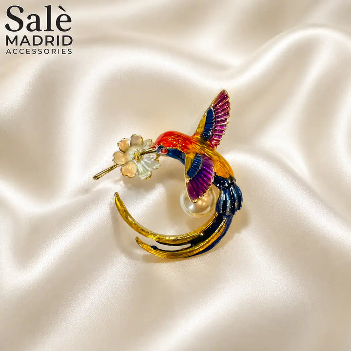BROOCH  PEACOCK BLUE ENAMEL PEARL FLOWER GOLD TAIL