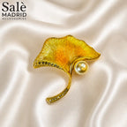Brushed Gold-Tone Ginkgo Pearl Brooch