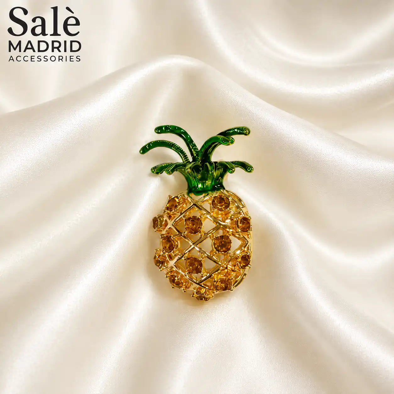 BROOCH PINAPPLE GOLD BROWN CRYSTAL GREEN ENAMEL Main image