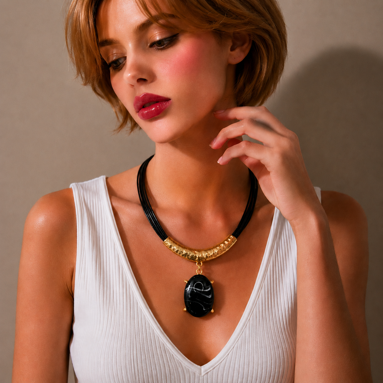 Necklace Sand Gold, Multi-strand Wax Cord, Black