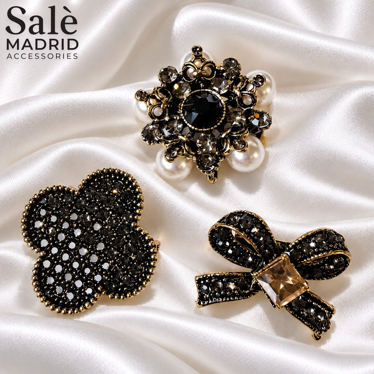 SET BROOCH 3PCS CHAMPAGNE BOW SQUARE + CLOVER PAVE + FLOWER BLACK PEALR Main image