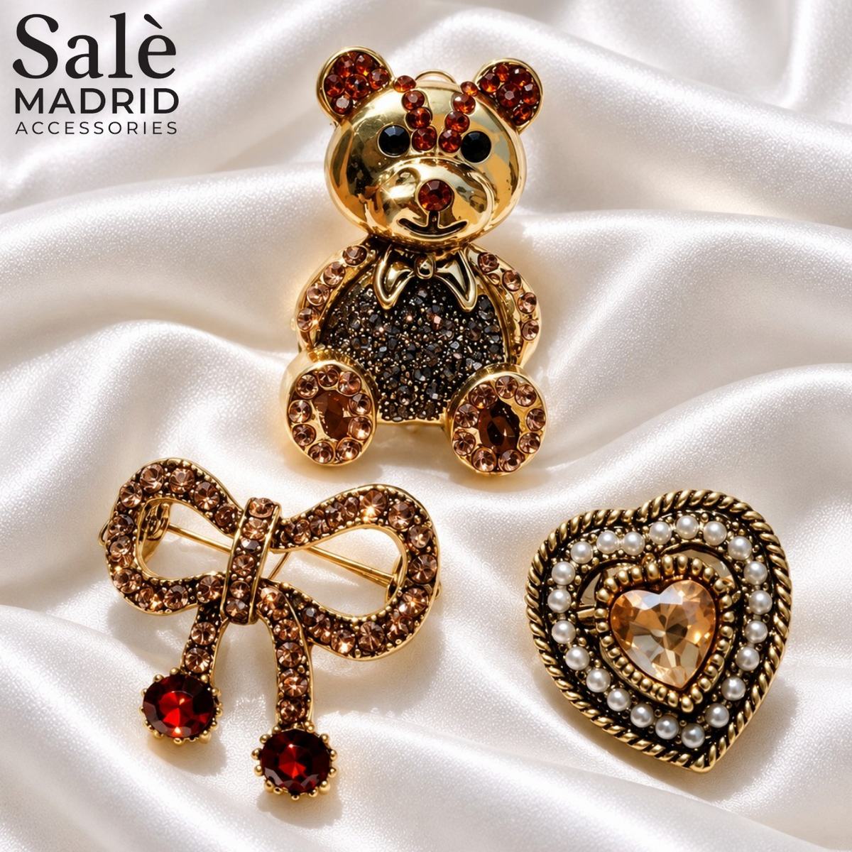 SET BROOCH 3PCS TEDDY BEAR GOLD + BOW DROP RED + HEART PEARL AMBER