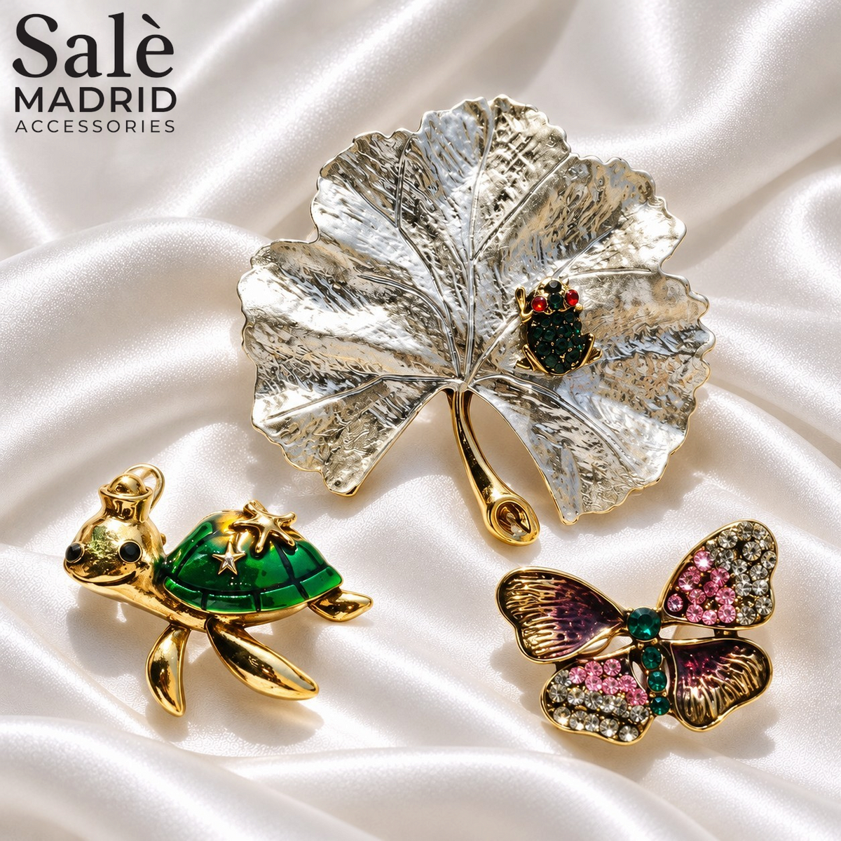 SET BROOCH 3PCS LEAF FROG SILVER + TURTLE GREEN + BUTTERFLY PINK