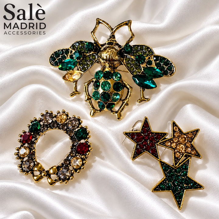 SET BROOCH 3PCS FLY EMERALD GREEN + WREATH MULTICOLOR + TRIPLE STAR