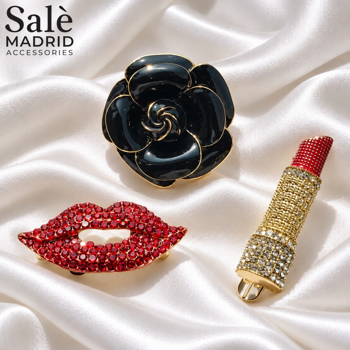 SET BROOCH 3PCS MAKEUP LIPS BLACK CAMELLIA LARGE + RED LIPS PAVE + LIPSTICK GOLD PAVE