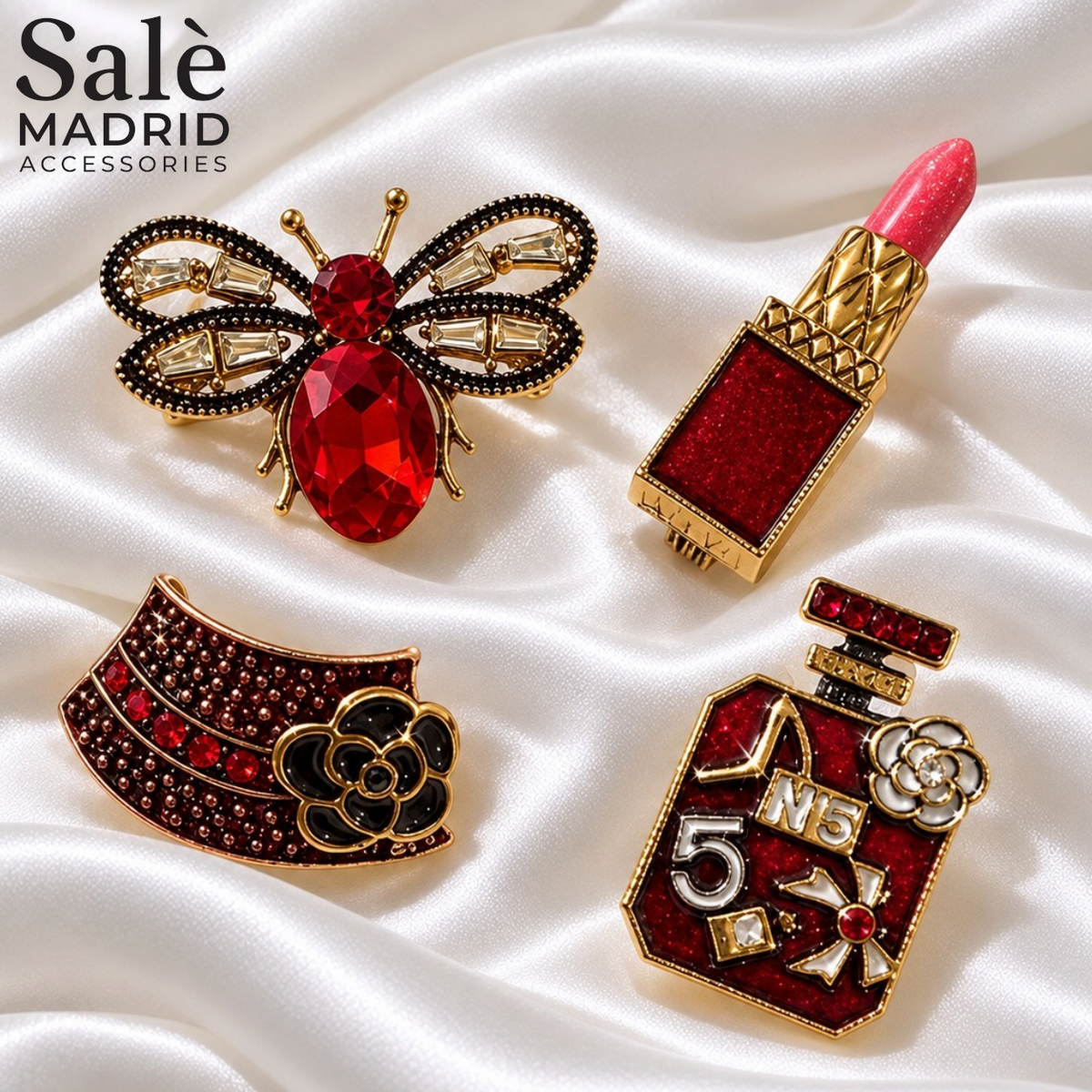 SET BROOCH 4PCS RED FASHION BEE RED CRYSTAL + LIPSTICK + HAT CAMELLIA +NO5 PERFUME