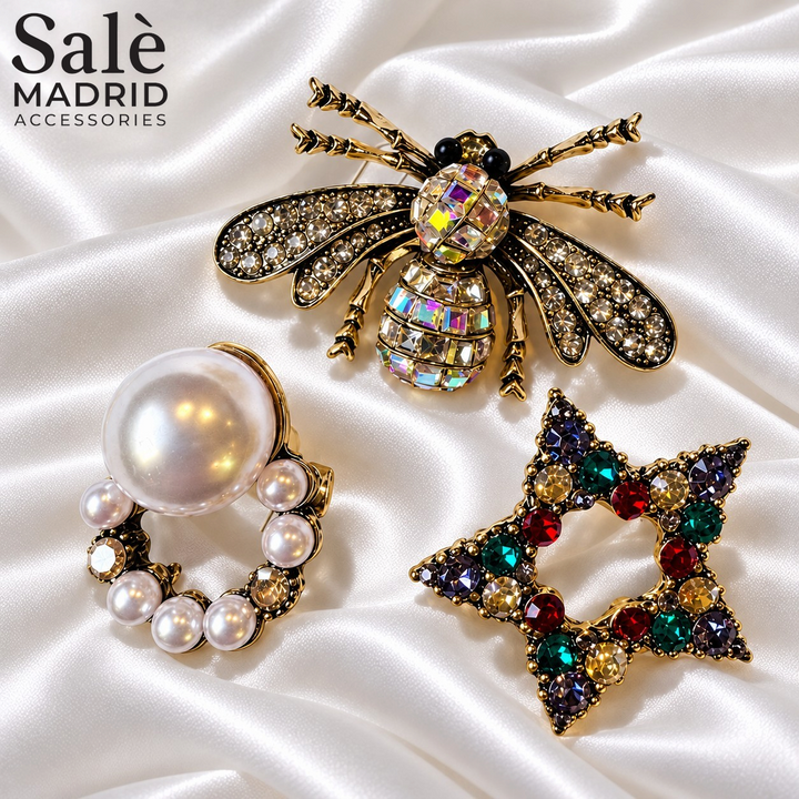 SET BROOCH 3PCS FASHION STAR MULTICOLOR + PEARL CIRLCE DROP + BEE CRYSTAL