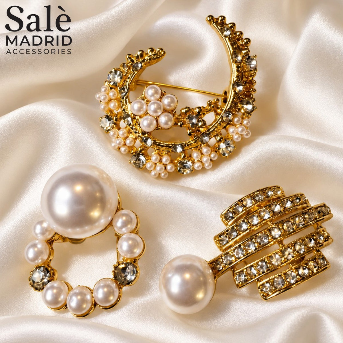 SET BROOCH 3PCS PEARL WITH GOLD MOON WREATH DOUVLE PEARL CLUSTER + LARGE PEARL CIRCLCE + LAYERED LINES PEARL