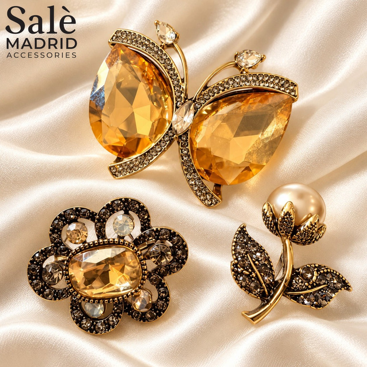 SET BROOCH 3PCS CHAMPAGNE GOLD BUTTERFLY LARGE TEADROP + FLOWER OVAL + CHERRY PEARL