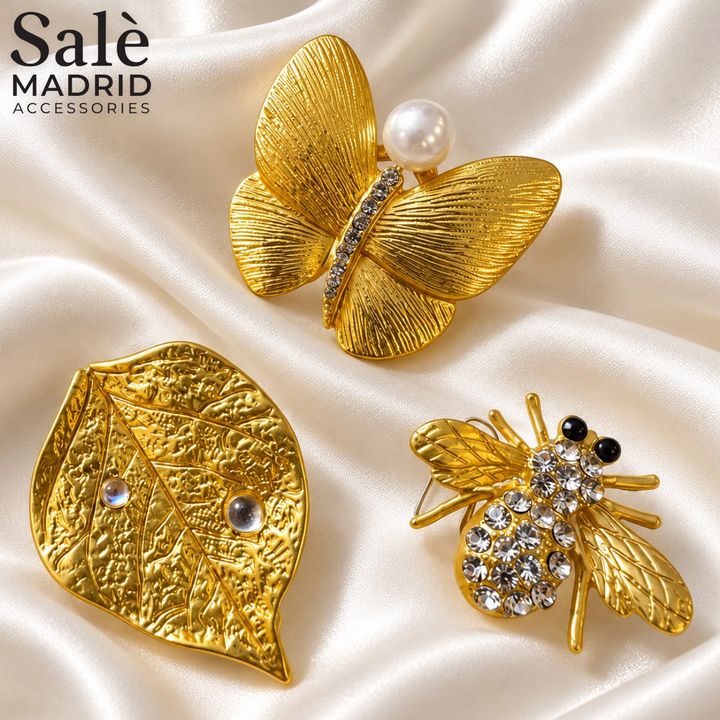 SET BROOCH 3PCS BUTTERFLY PEARL BRUSHED PAVE + LEAF DEW CRYSTAL + BEE GOLD CLEAR PAVE BLACK