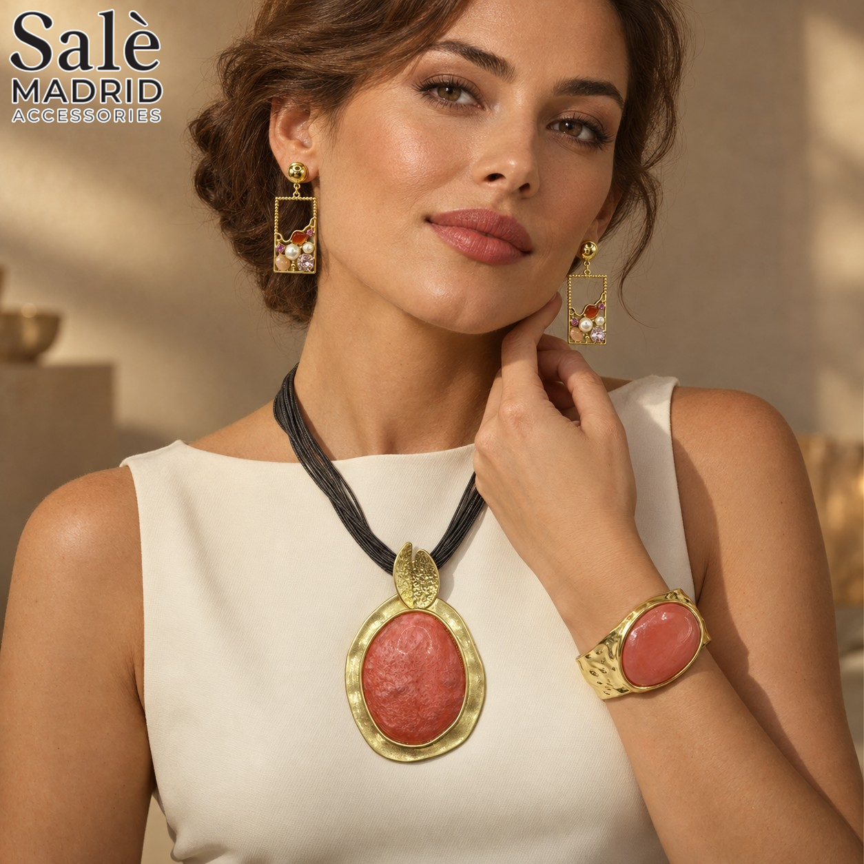 Coral Oval Cabochon Necklace, Bracelet, Earrings & Ring Set Secondary image
