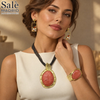 Coral Oval Cabochon Necklace, Bracelet, Earrings & Ring Set