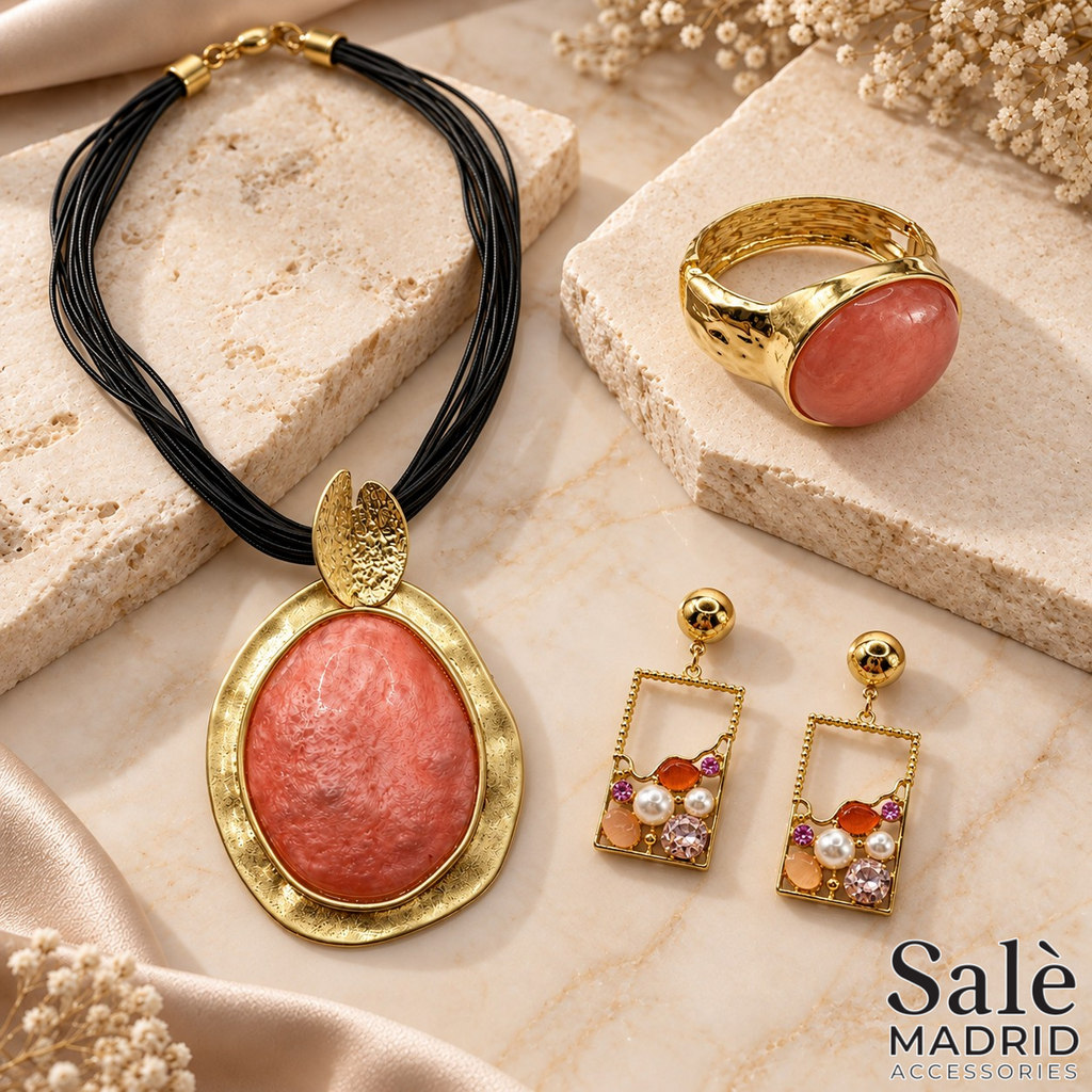 Coral Oval Cabochon Necklace, Bracelet, Earrings & Ring Set