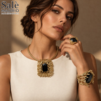 Black Rectangular Crystal Necklace, Bracelet, Earrings & Ring Set