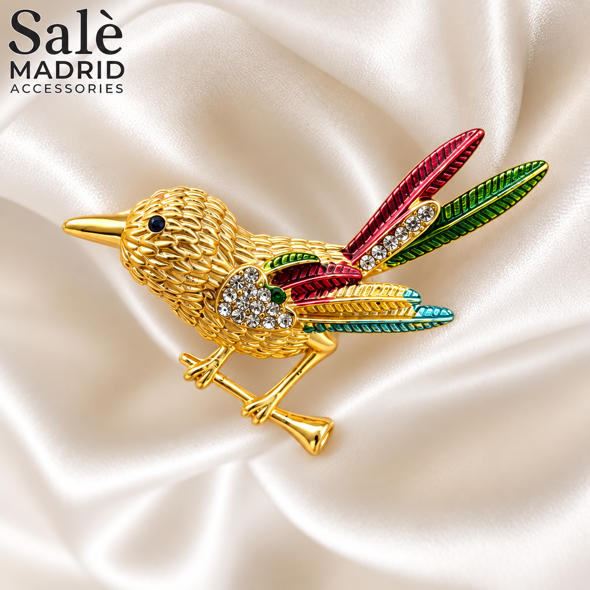 Brooch Bird Gold Red Green Tail Strass