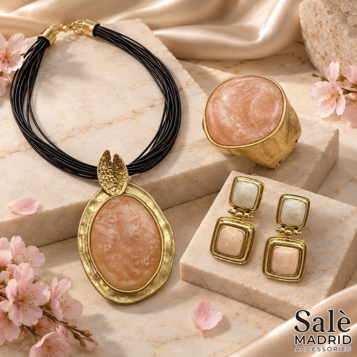 Blush Oval Cabochon Necklace, Bracelet, Earrings & Ring Set