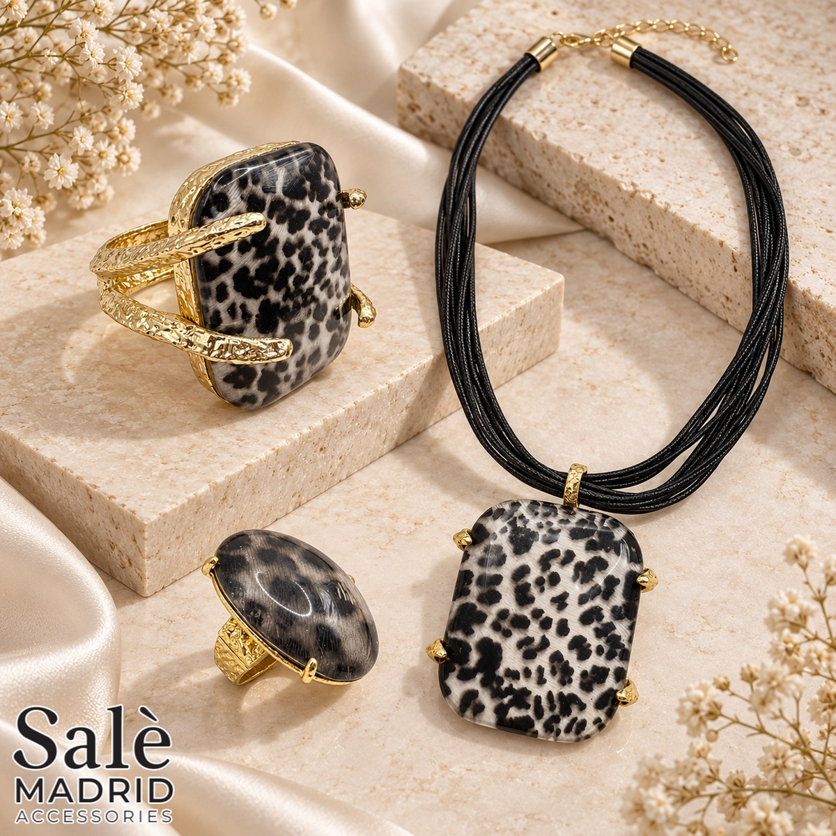 Grey Leopard Print Necklace, Bracelet, Earrings & Ring Set