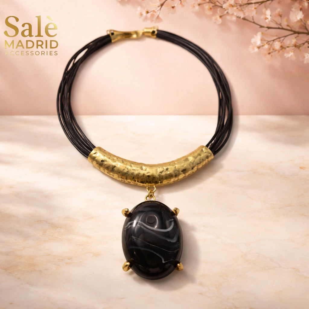 Necklace Sand Gold, Multi-strand Wax Cord, Black