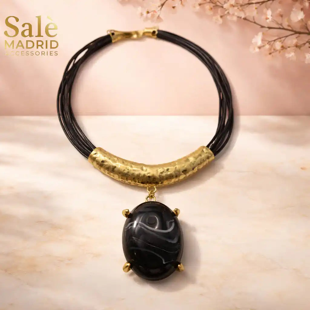 Necklace Sand Gold, Multi-strand Wax Cord, Black