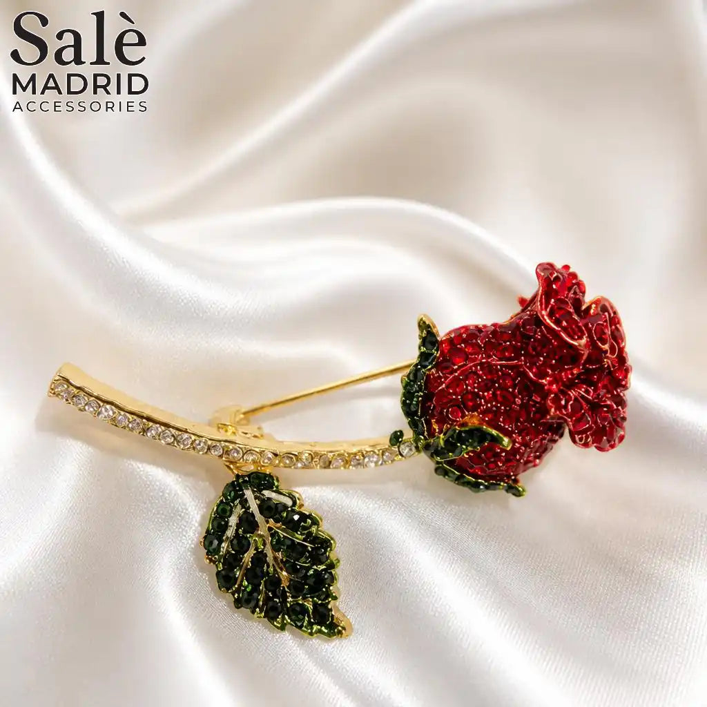 BROOCH RED GLITTER CRYSTAL ROSE