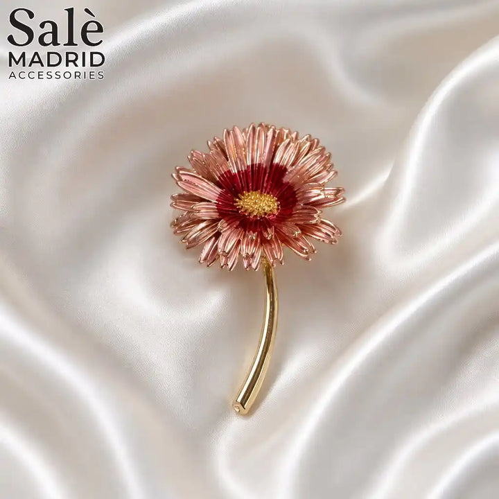 BROOCH ROSE GOLD ENAMEL DAISY LONG STEM